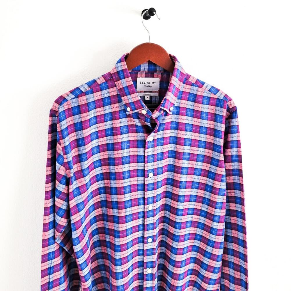 NEW Ledbury Linen Cotton Button Down Shirt Tailored Fit Mens 16 Blue Purple - Picture 6 of 9